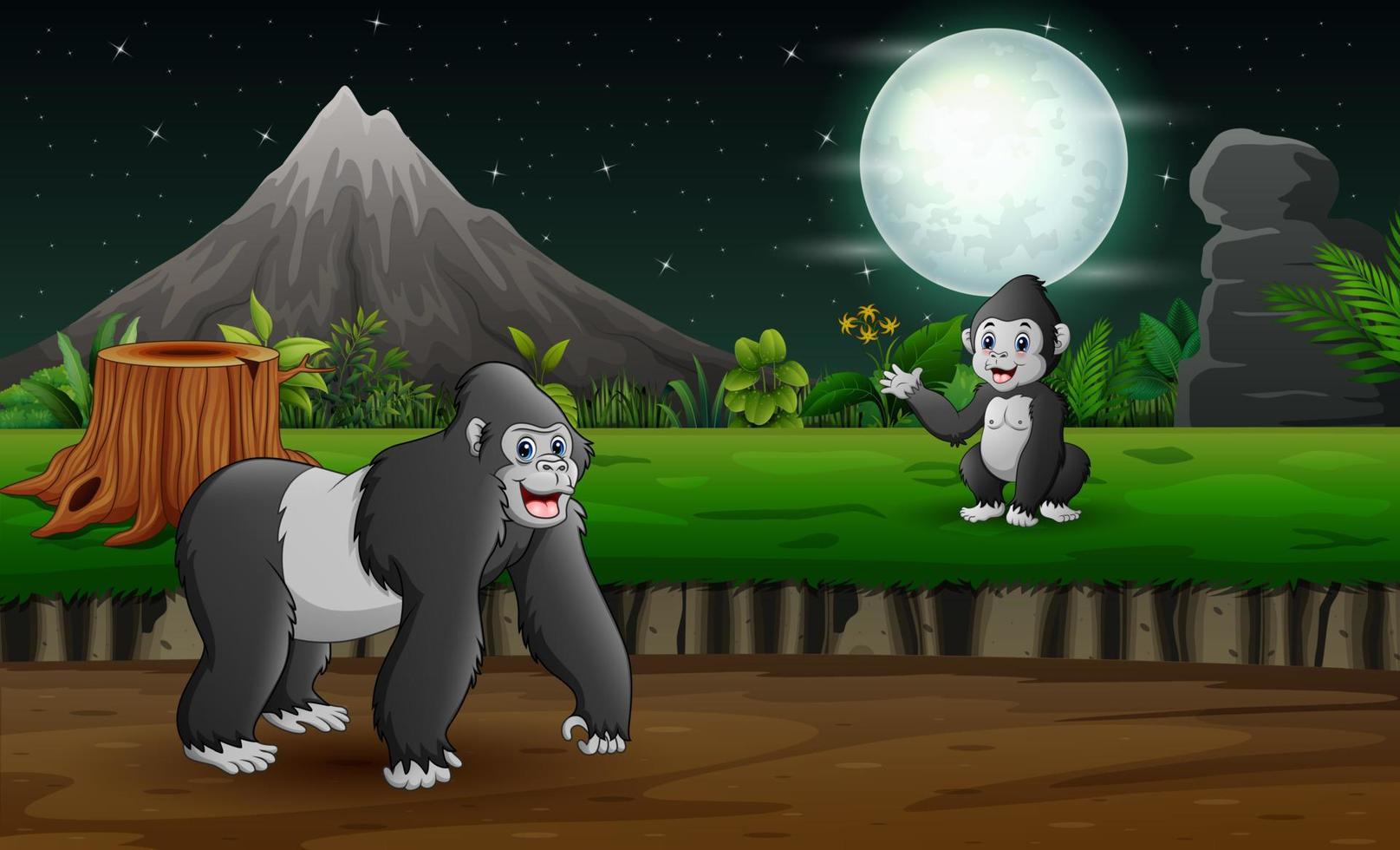 uma mãe gorila com seu bebê na paisagem noturna vetor