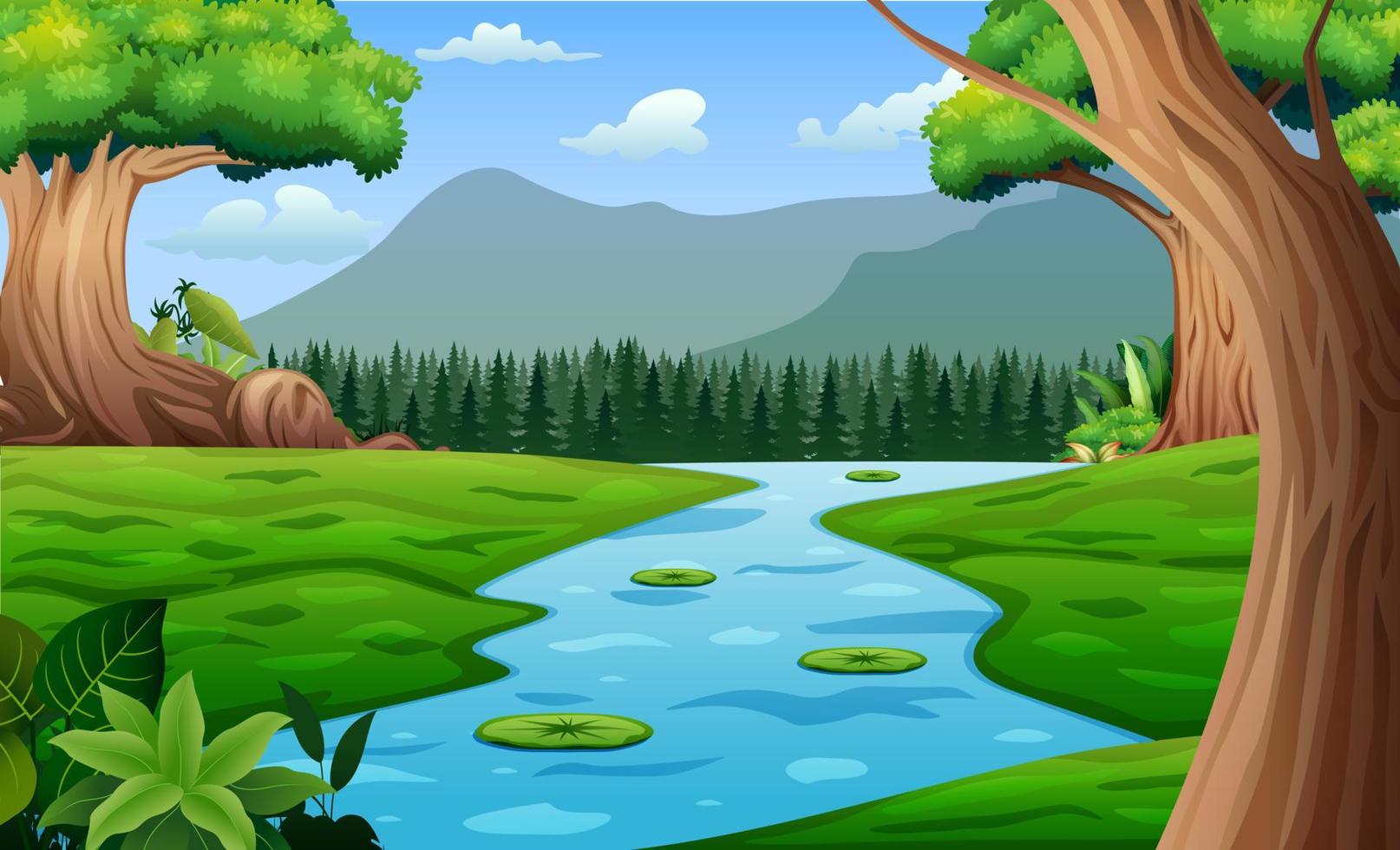paisagem de floresta natural com rio fluindo pela ilustração do prado vetor
