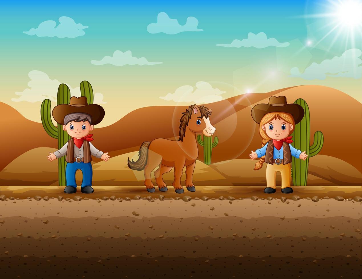 ilustração dos desenhos animados um cowboy e cowgirl no deserto vetor