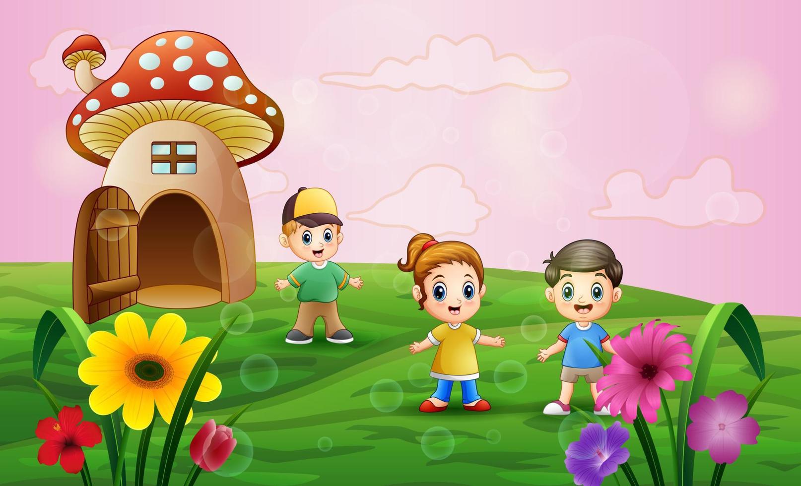 casa de cogumelos com crianças brincando no campo vetor