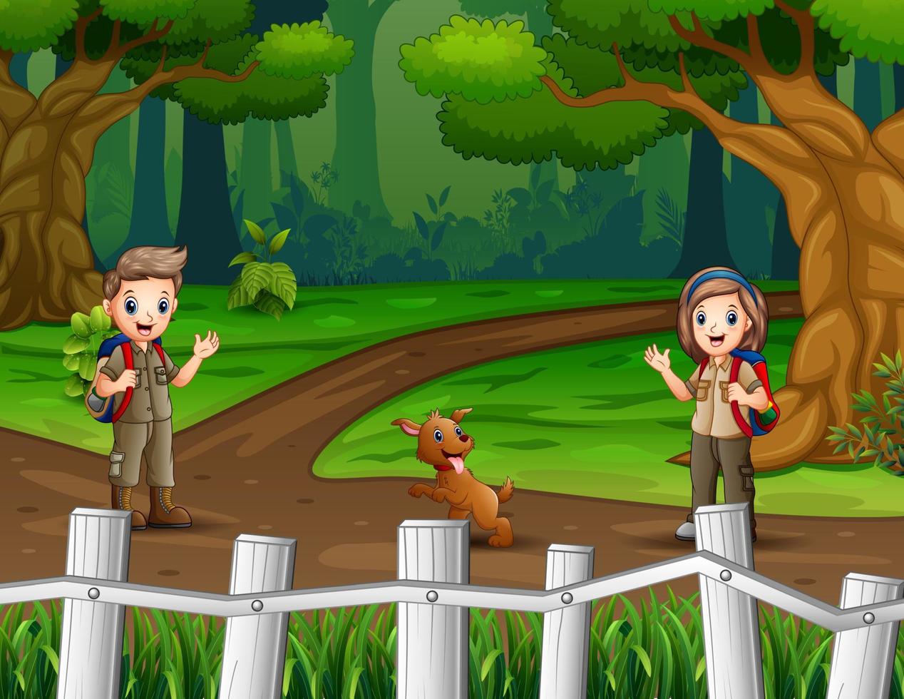 ilustração de menino e menina escoteiros caminhando por uma estrada de terra na floresta vetor