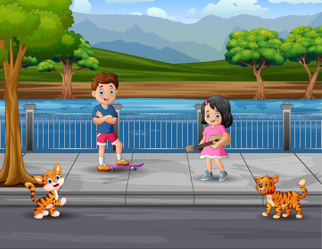 desenho animado um menino e uma menina na rua vetor