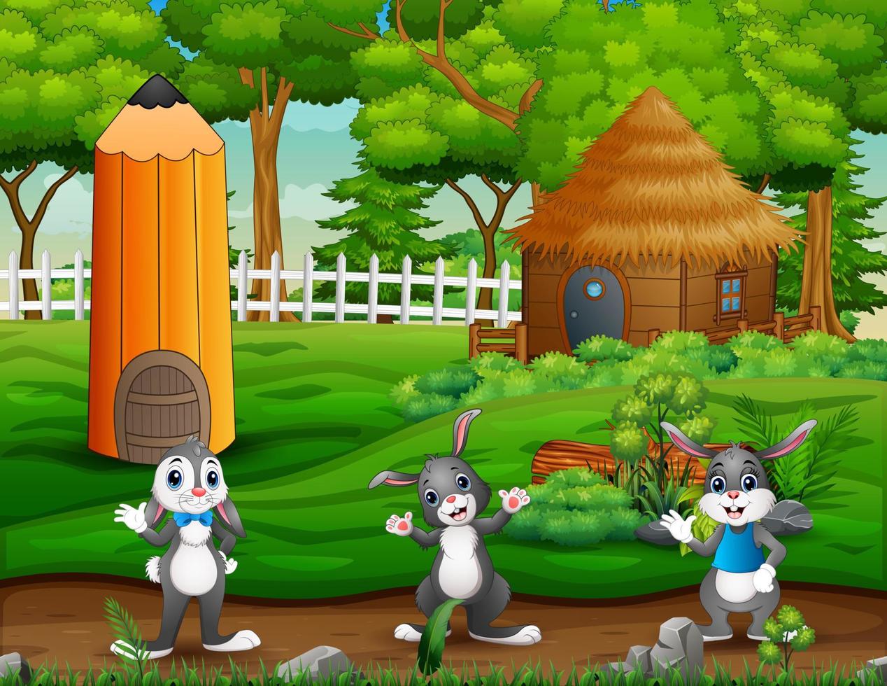 bonitos três de coelhos em frente à ilustração da fazenda vetor