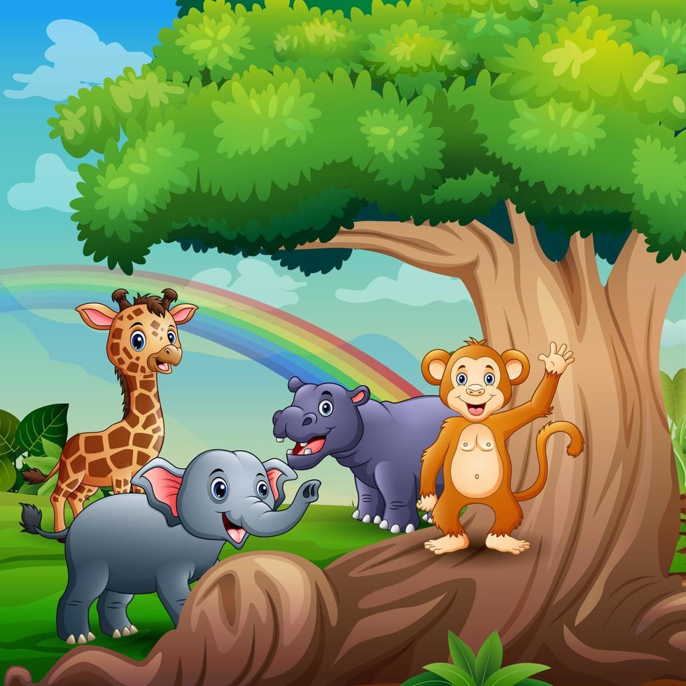 desenho animado cinco animais brincando debaixo da grande árvore vetor
