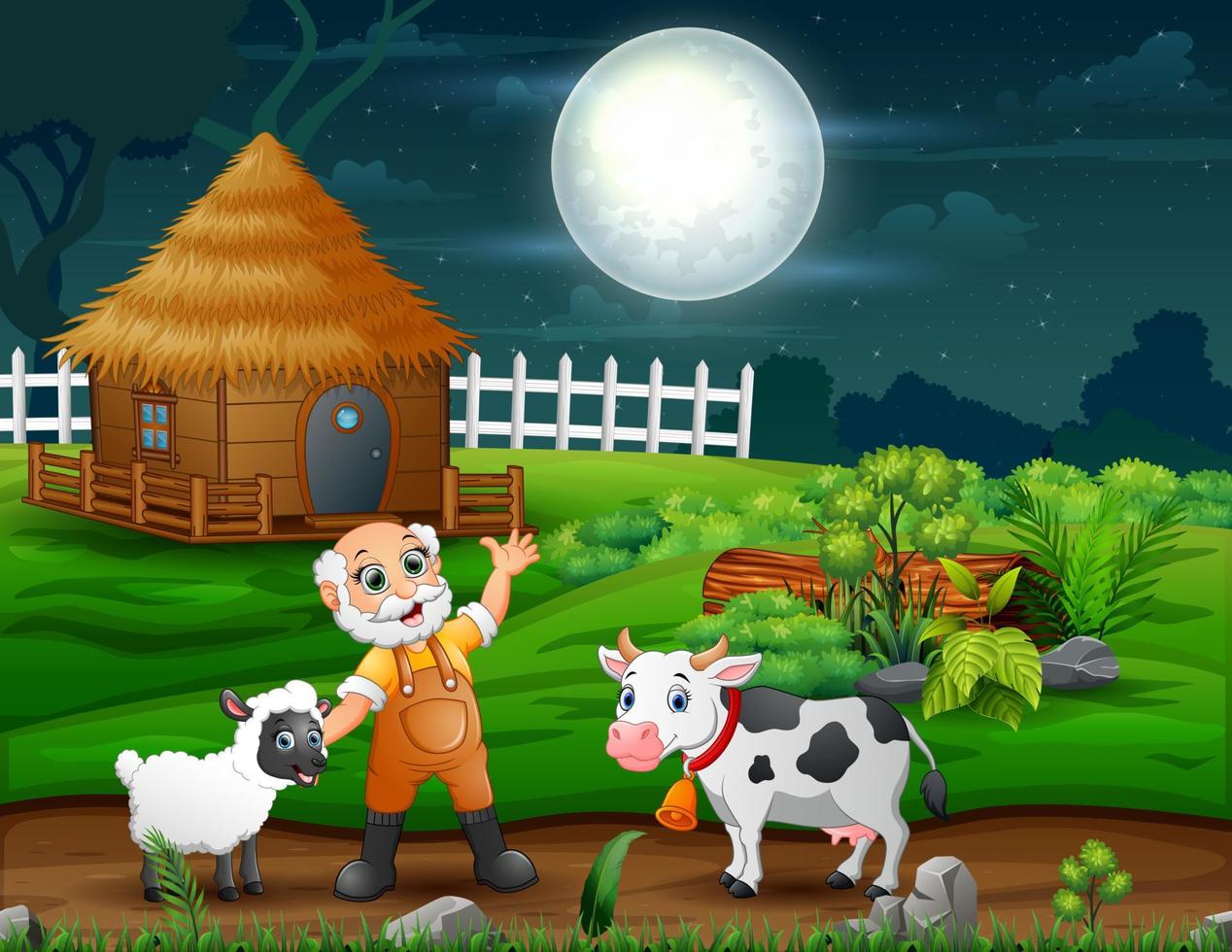 feliz agricultor com animais de fazenda no campo vetor