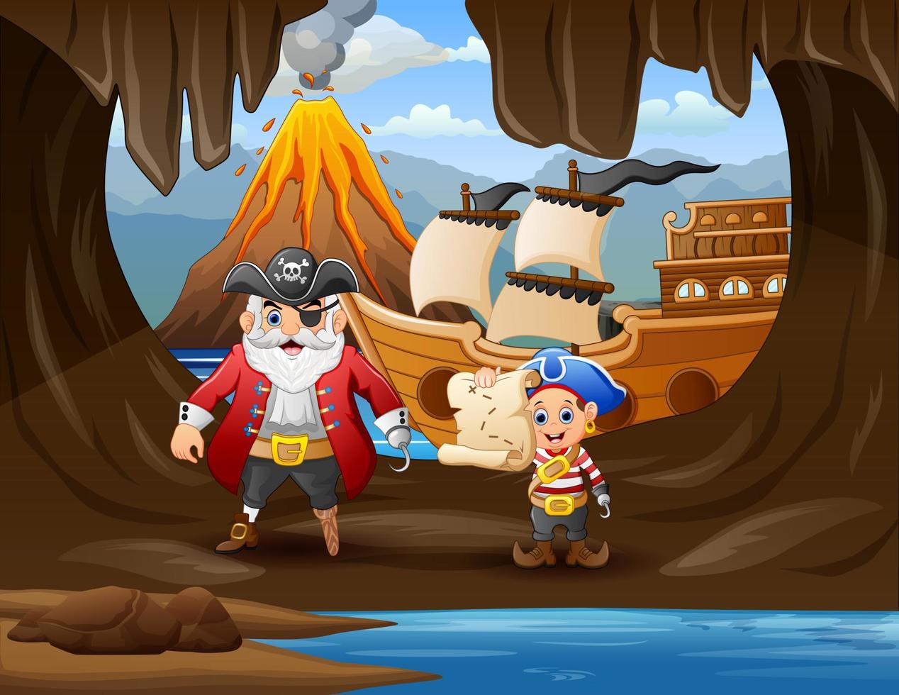 ilustração de piratas na caverna perto do mar vetor