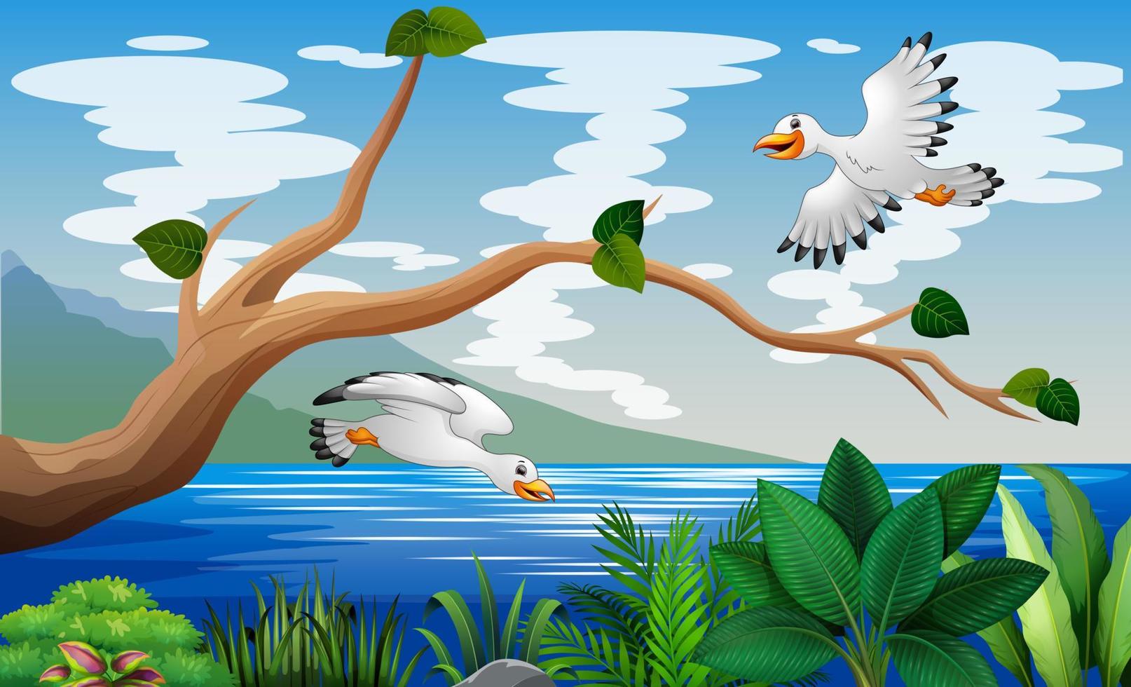 duas gaivotas voando sobre um lago ou ilustração do mar vetor