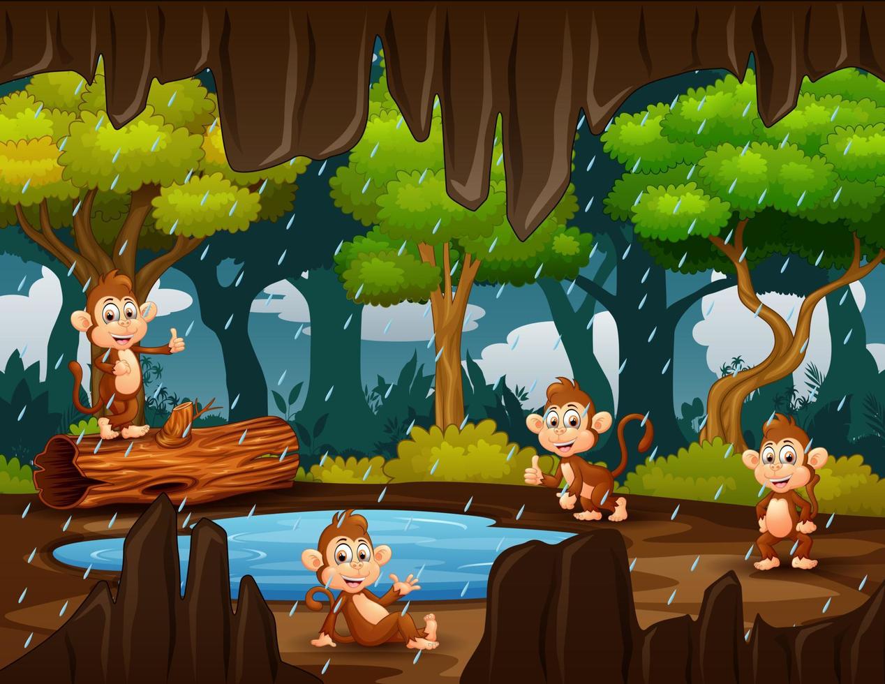 ilustração dos desenhos animados de macacos felizes brincando sob a chuva vetor
