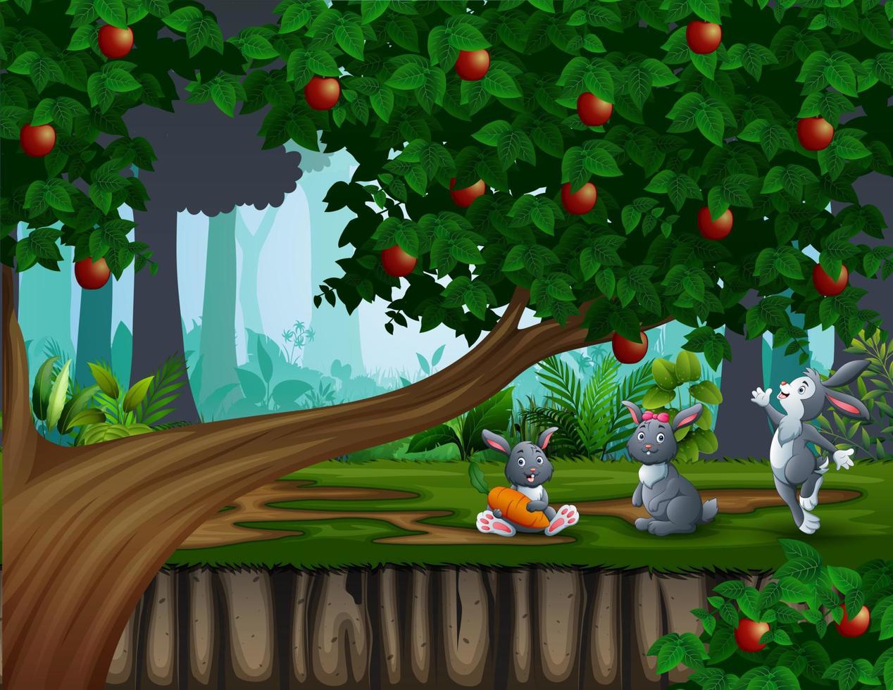 três coelhinhos fofos brincando no fundo da floresta vetor