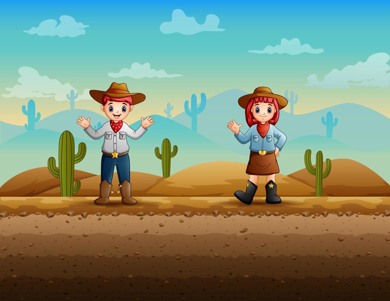 cartoon um cowboy e cowgirl acenando com a mão no deserto vetor