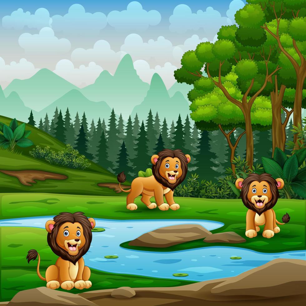 leões de desenho animado estão brincando à beira do rio vetor