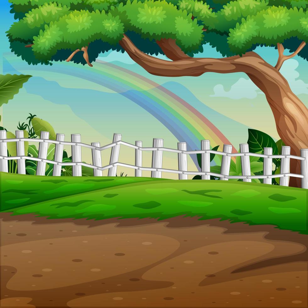 fundo de bela paisagem com uma árvore e arco-íris vetor