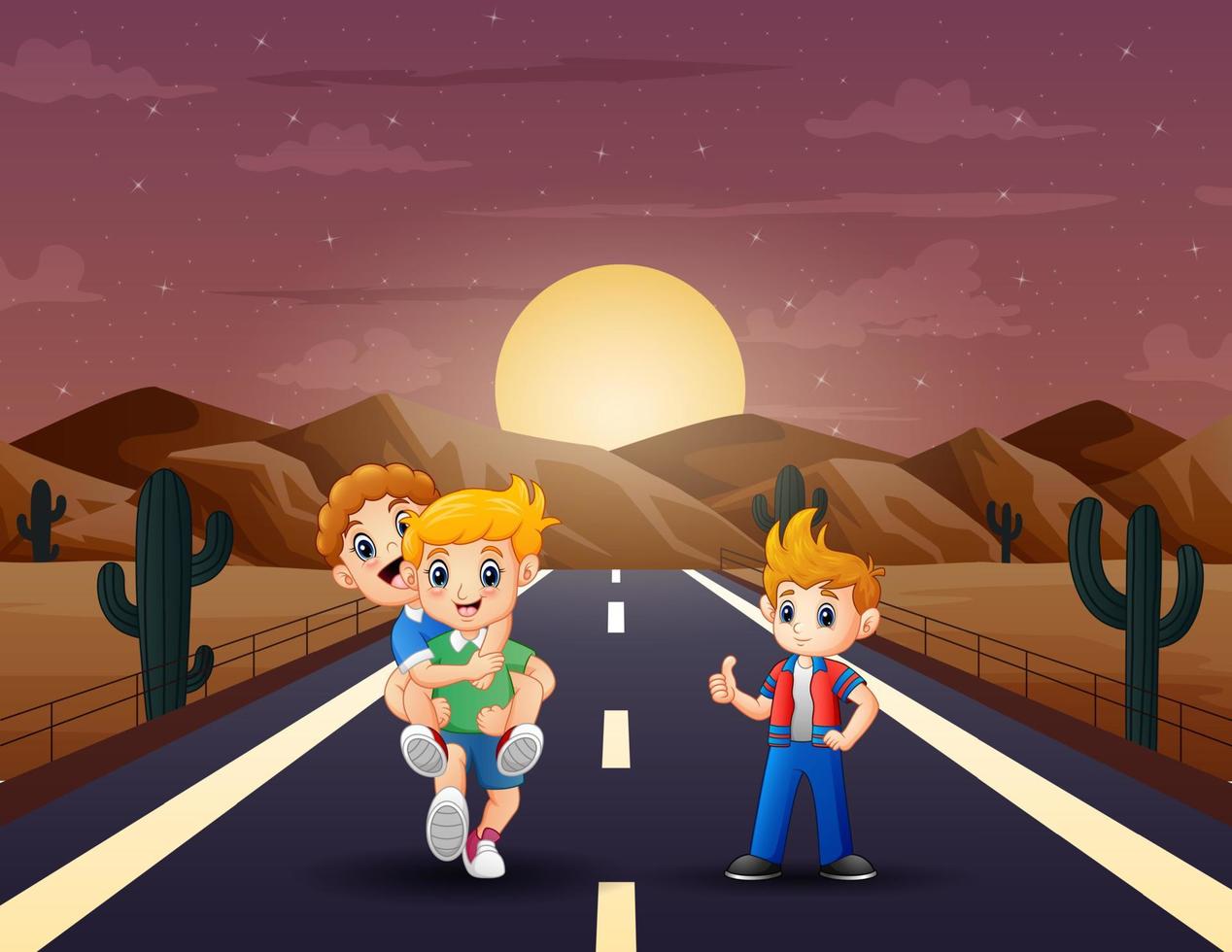 três meninos andando pela ilustração da estrada deserta vetor