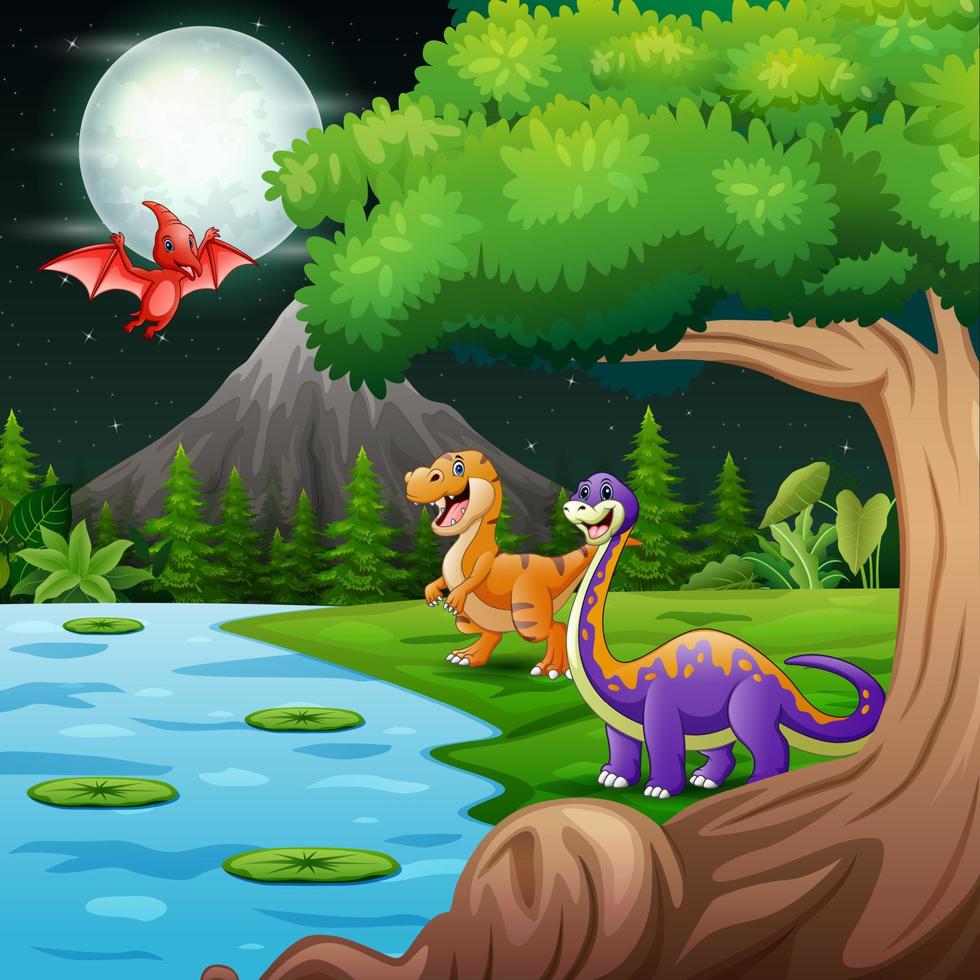 dinossauros fofos brincando na paisagem noturna vetor