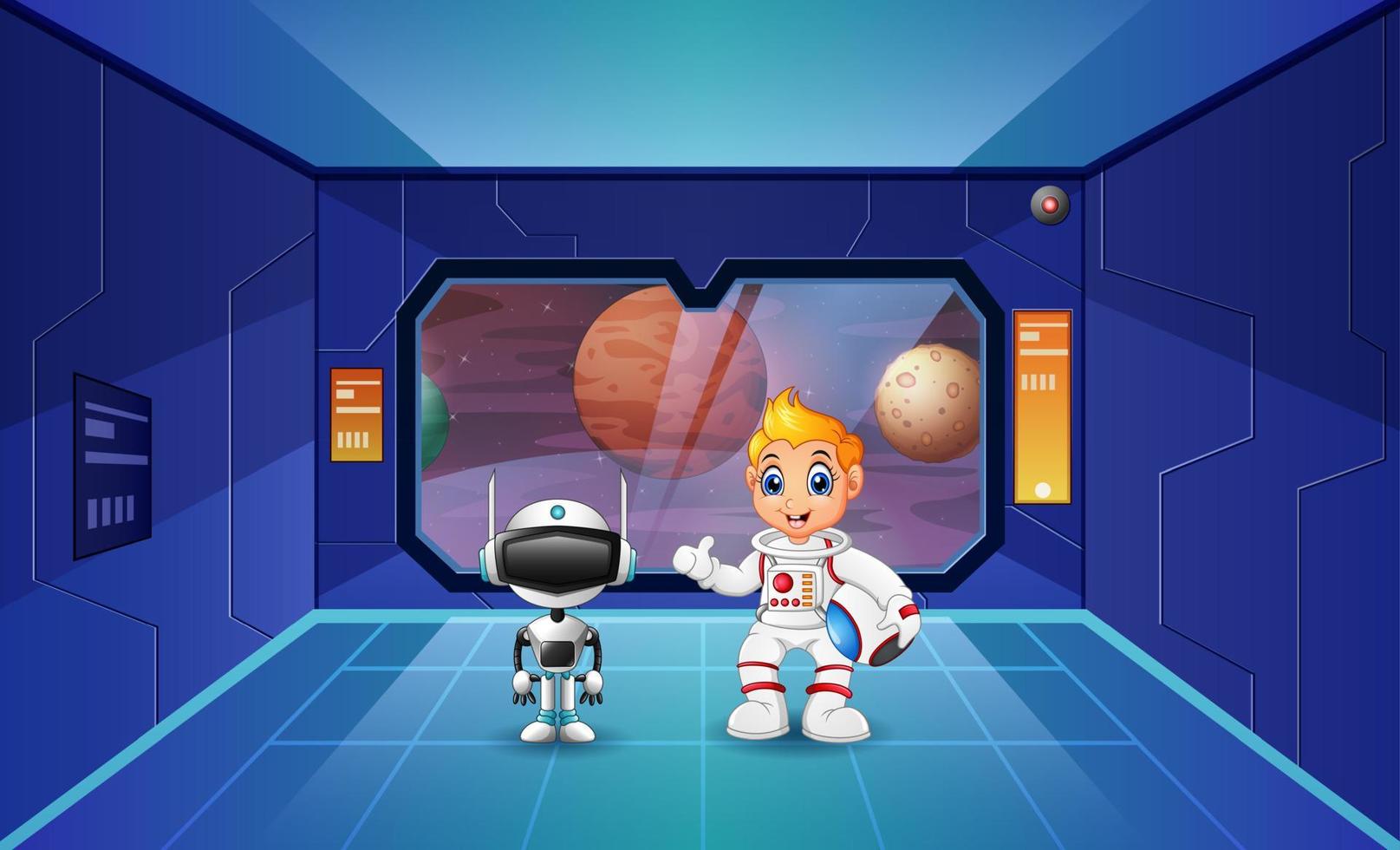menino dos desenhos animados vestindo traje de astronauta na nave espacial vetor