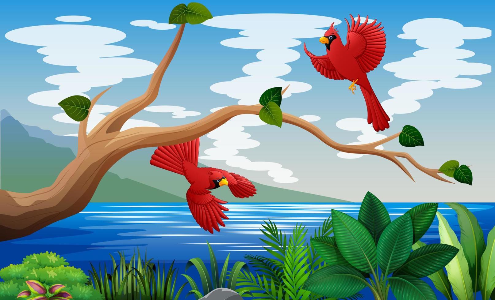 cardeais vermelhos voando sobre uma ilustração de lago ou mar vetor