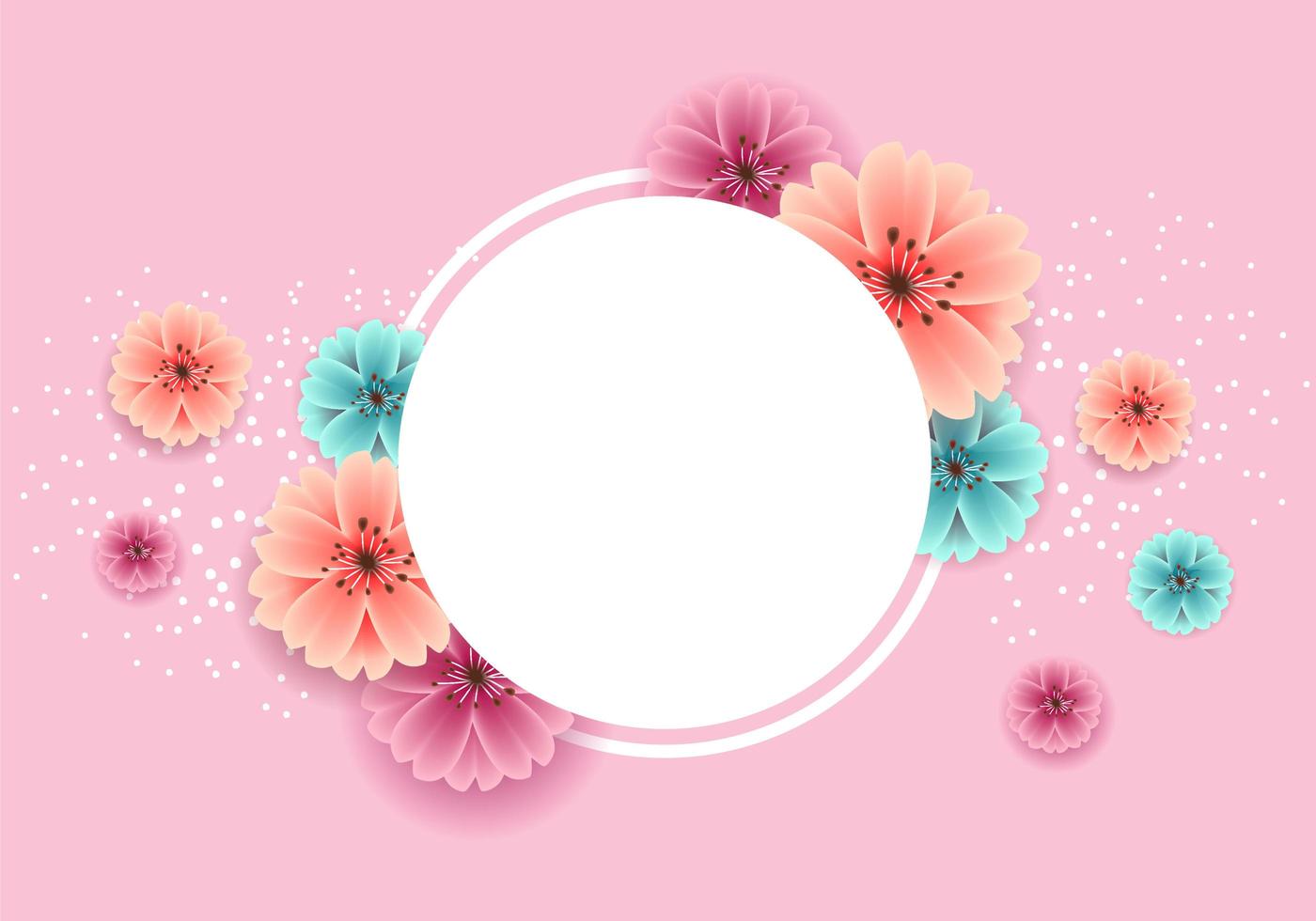 Banner de primavera com lindas flores e quadro de círculo vetor