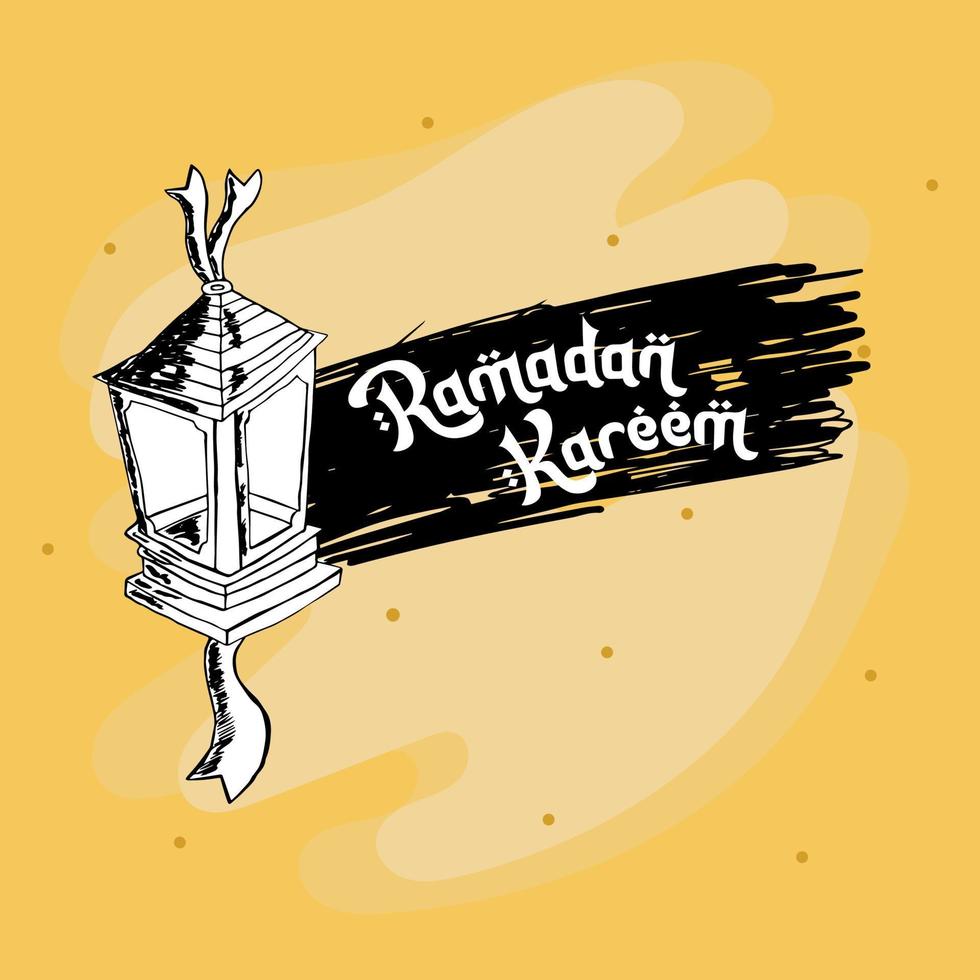 ramadan kareem com estilo de desenho de mão de lanterna preto e branco vetor