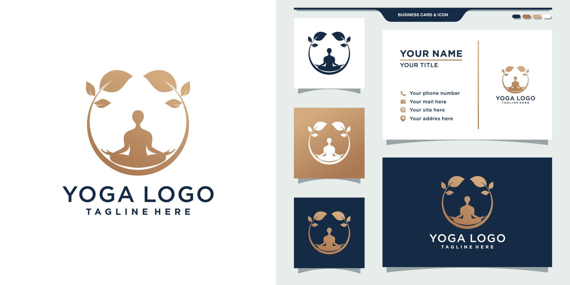 logotipo de ioga simples e elegante combinado com estilo humano, folha e círculo. design de logotipo e cartão de visita. vetor premium
