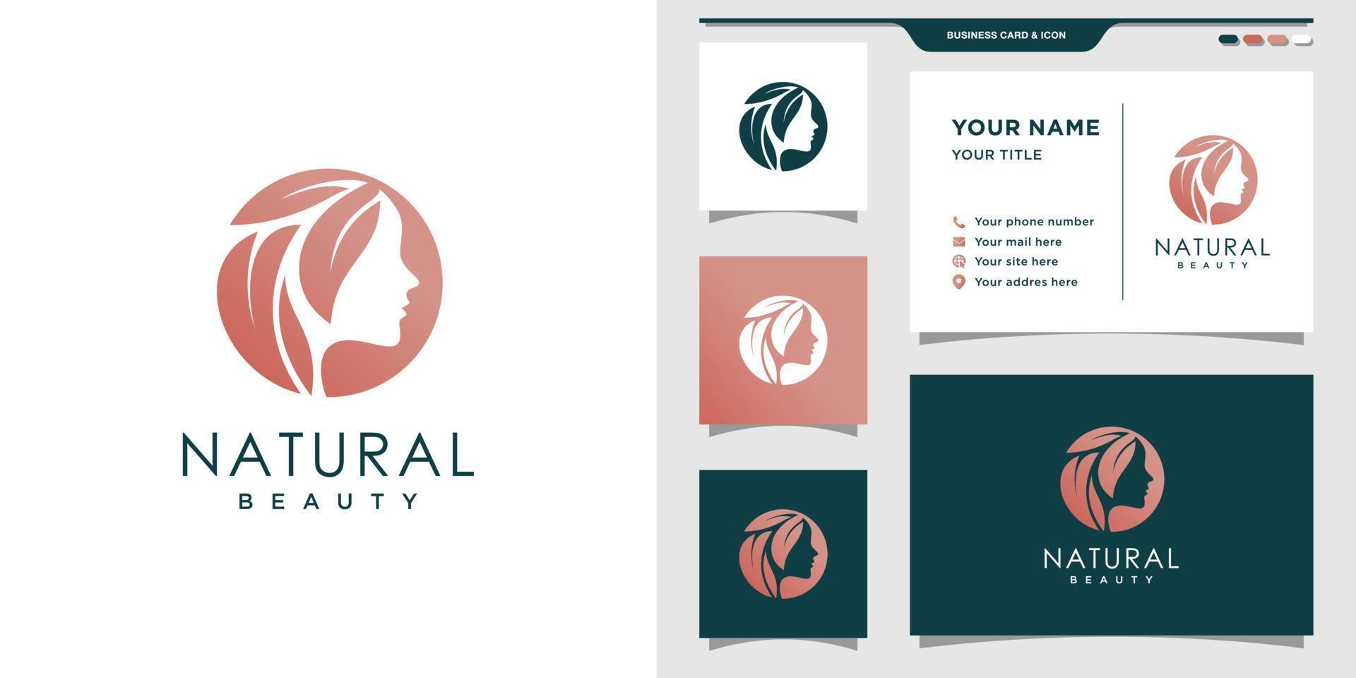 logotipo de beleza natural para mulher com estilo de cor gradiente criativo e vetor premium de design de cartão de visita