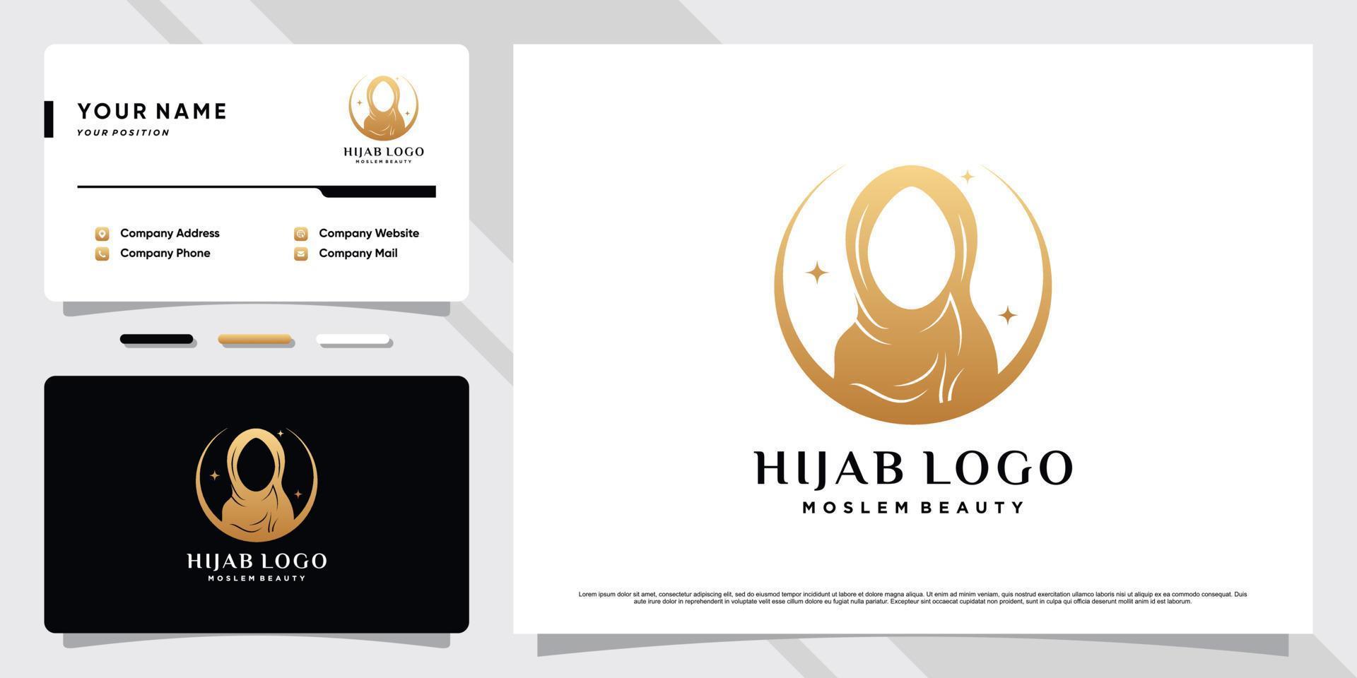 logotipo muçulmano de mulher de beleza usando hijab com elemento criativo e vetor premium de design de cartão de visita