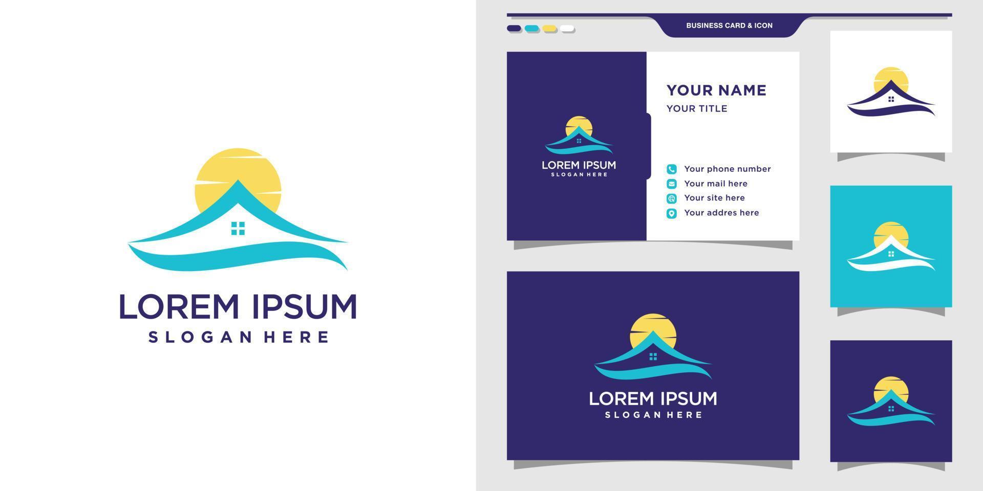 modelo de design de logotipo de lago em casa com conceito de sol e cartão de visita. inspiração de design de logotipo, ilustração. vetor premium