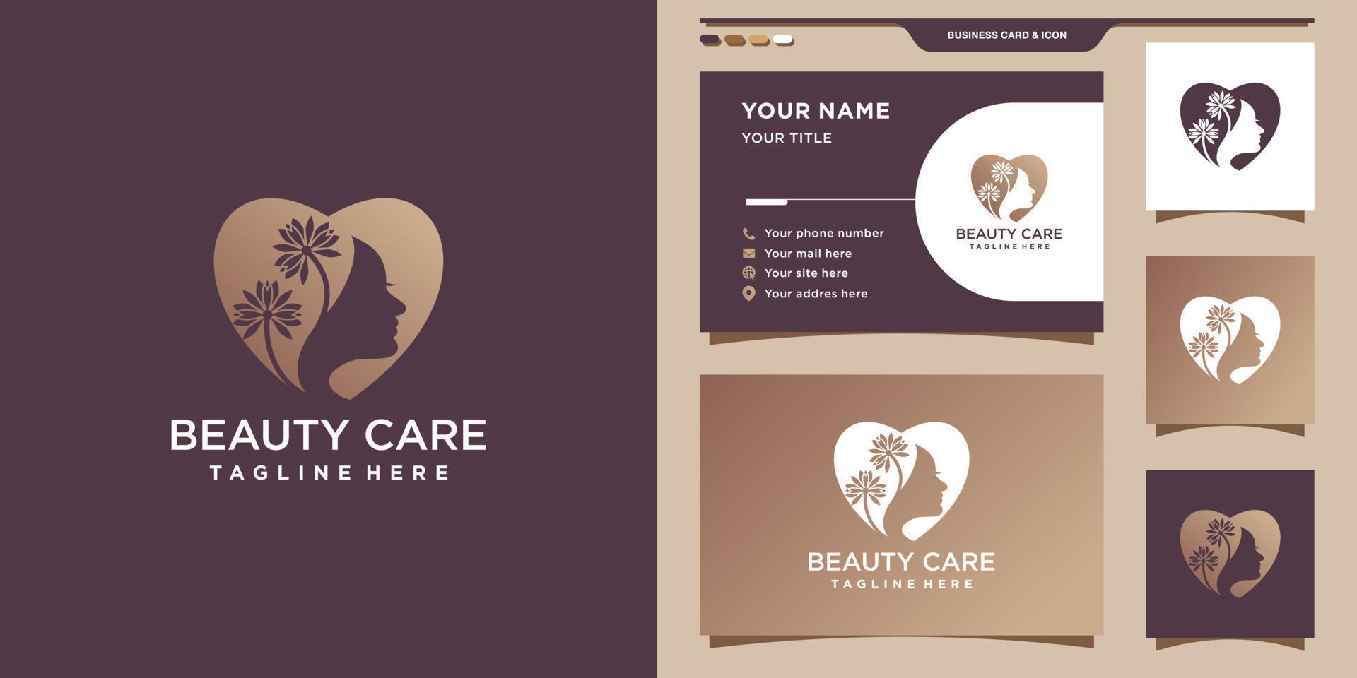 modelo de design de logotipo de cuidados de beleza com conceito de amor e cartão de visita. design de logotipo para salão, cuidados com a pele, cosméticos, spa. vetor premium