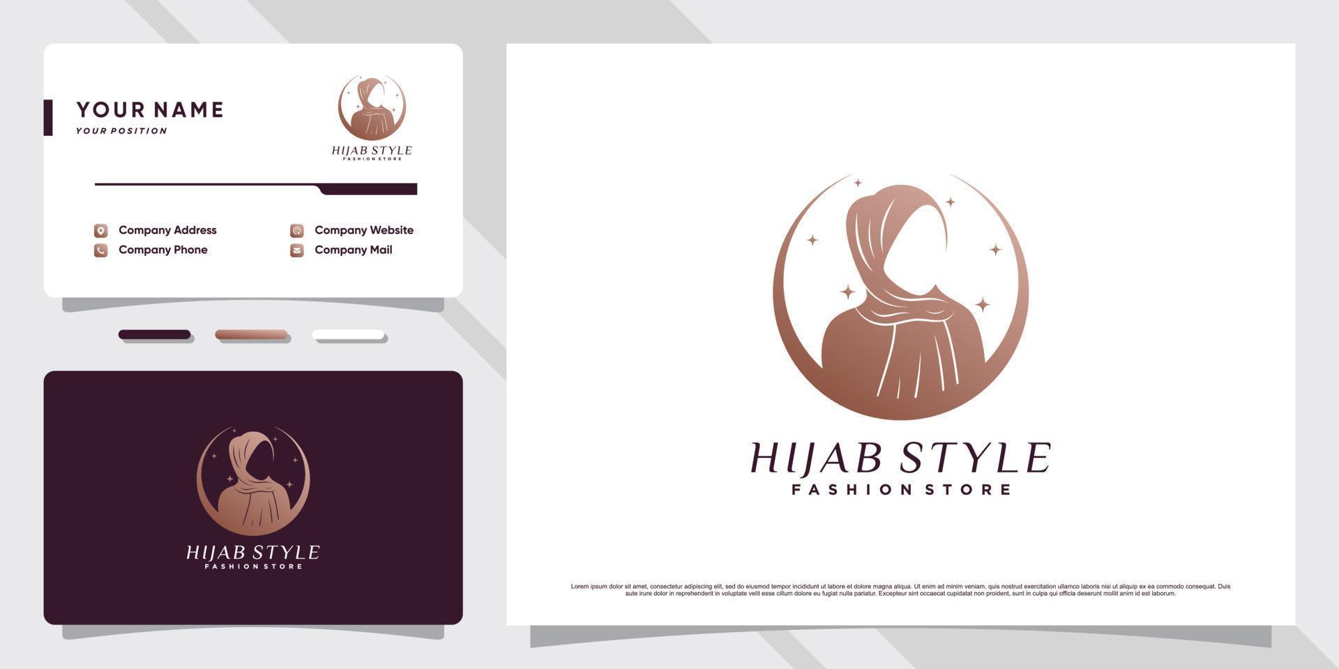 logotipo muçulmano de mulher de beleza usando hijab com elemento criativo e vetor premium de design de cartão de visita