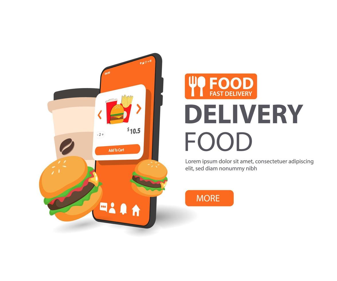 pedidos de comida online. ilustração em vetor conceito da tela do smartphone móvel com comida de hambúrguer.