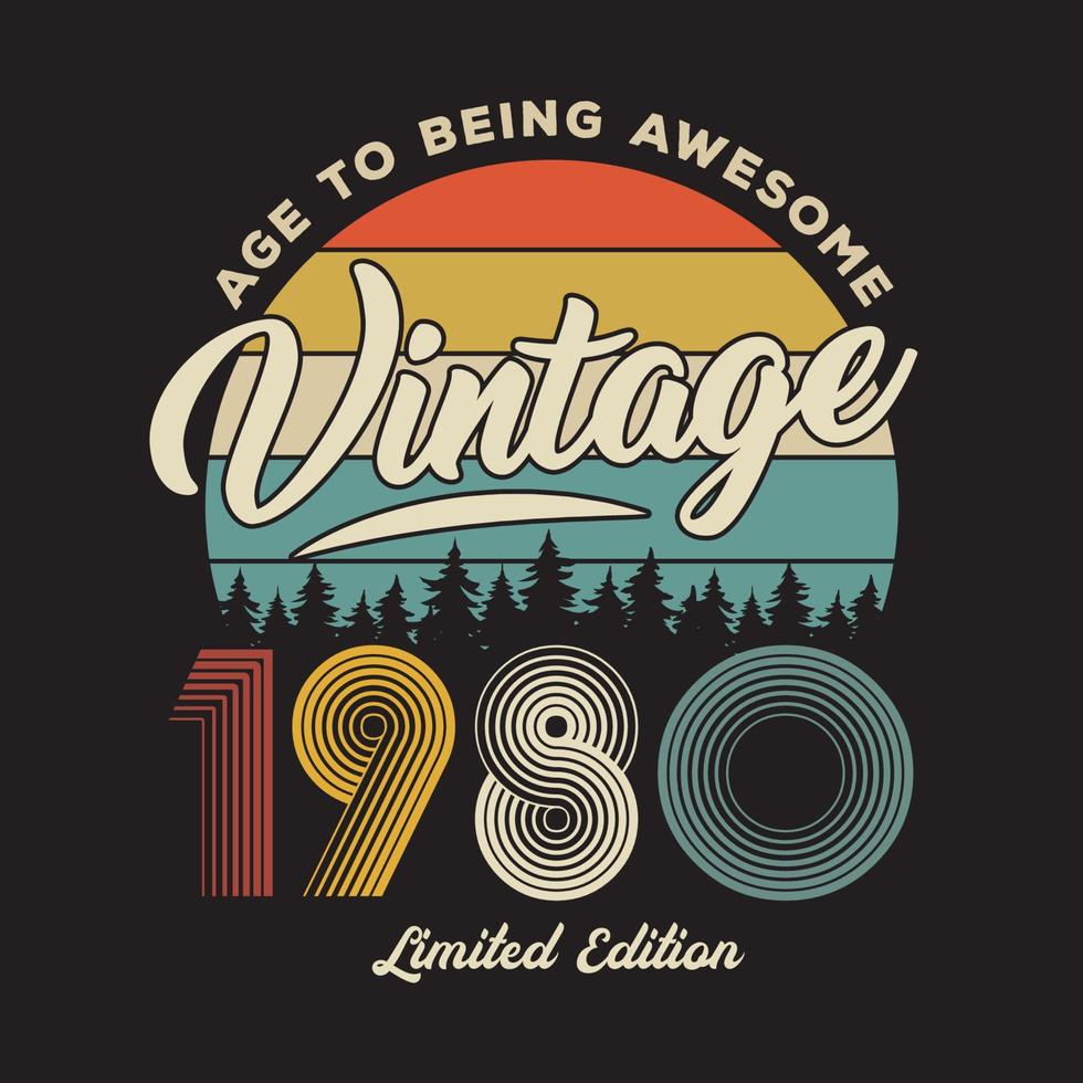 design de camiseta retrô vintage de 1980, vetor, fundo preto vetor