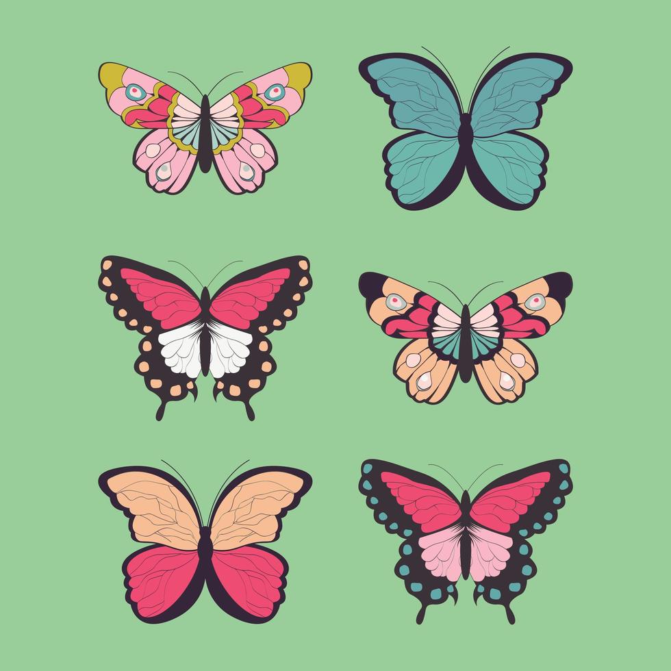 Coleção de seis borboletas coloridas desenhadas mão vetor