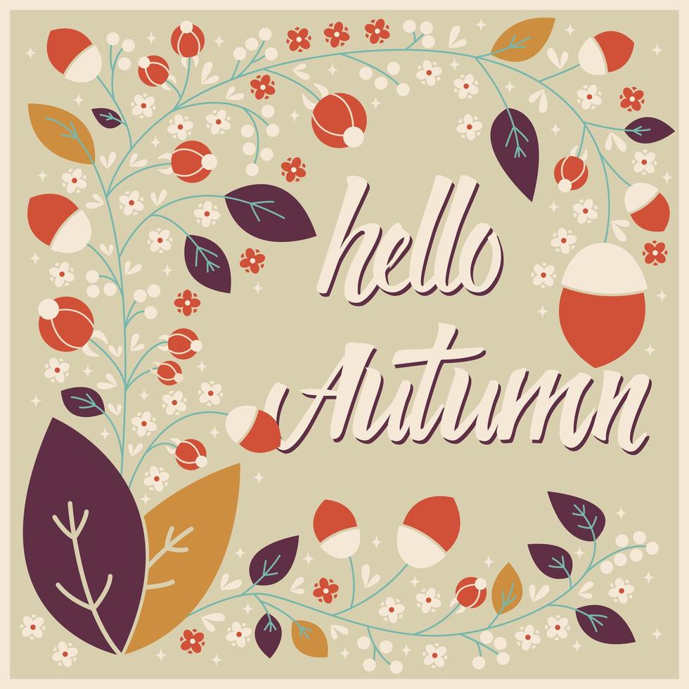 Design de cartão outono com moldura floral e mensagem tipográfica vetor