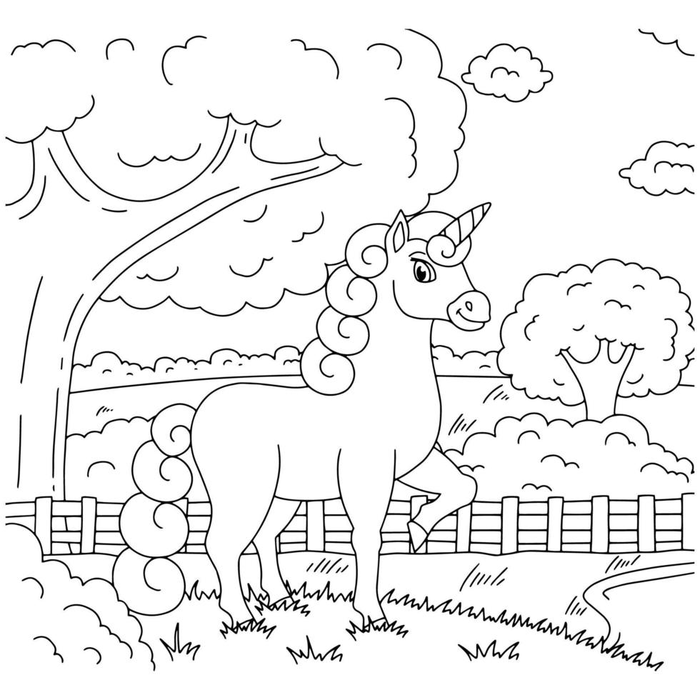 unicórnio de fadas mágico na paisagem. cavalo fofo. página do livro para colorir para crianças. estilo de desenho animado. ilustração vetorial isolada no fundo branco. vetor