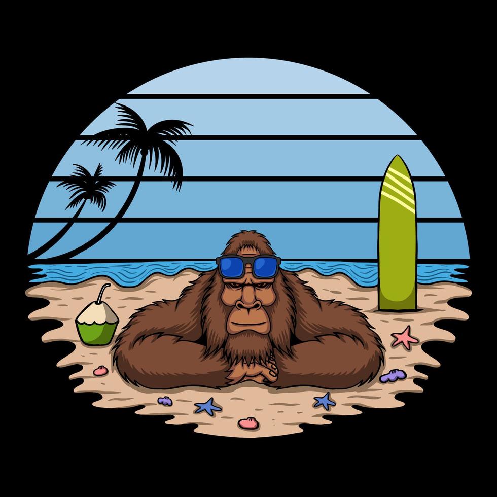 bigfoot está tomando sol na ilustração vetorial de praia vetor