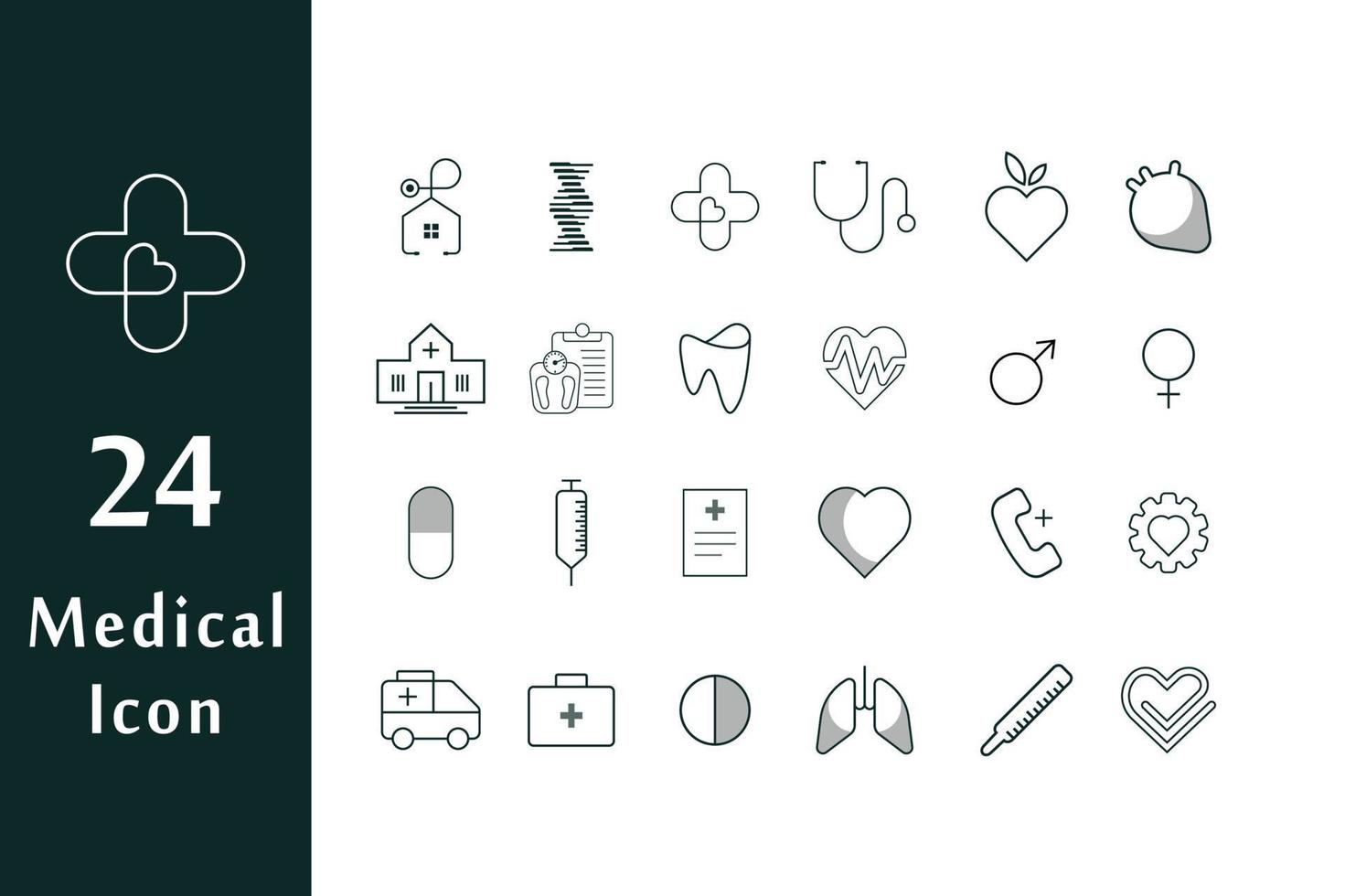 ícones médicos, hospital, estetoscópio, pulmão, coração, ambulância vetor