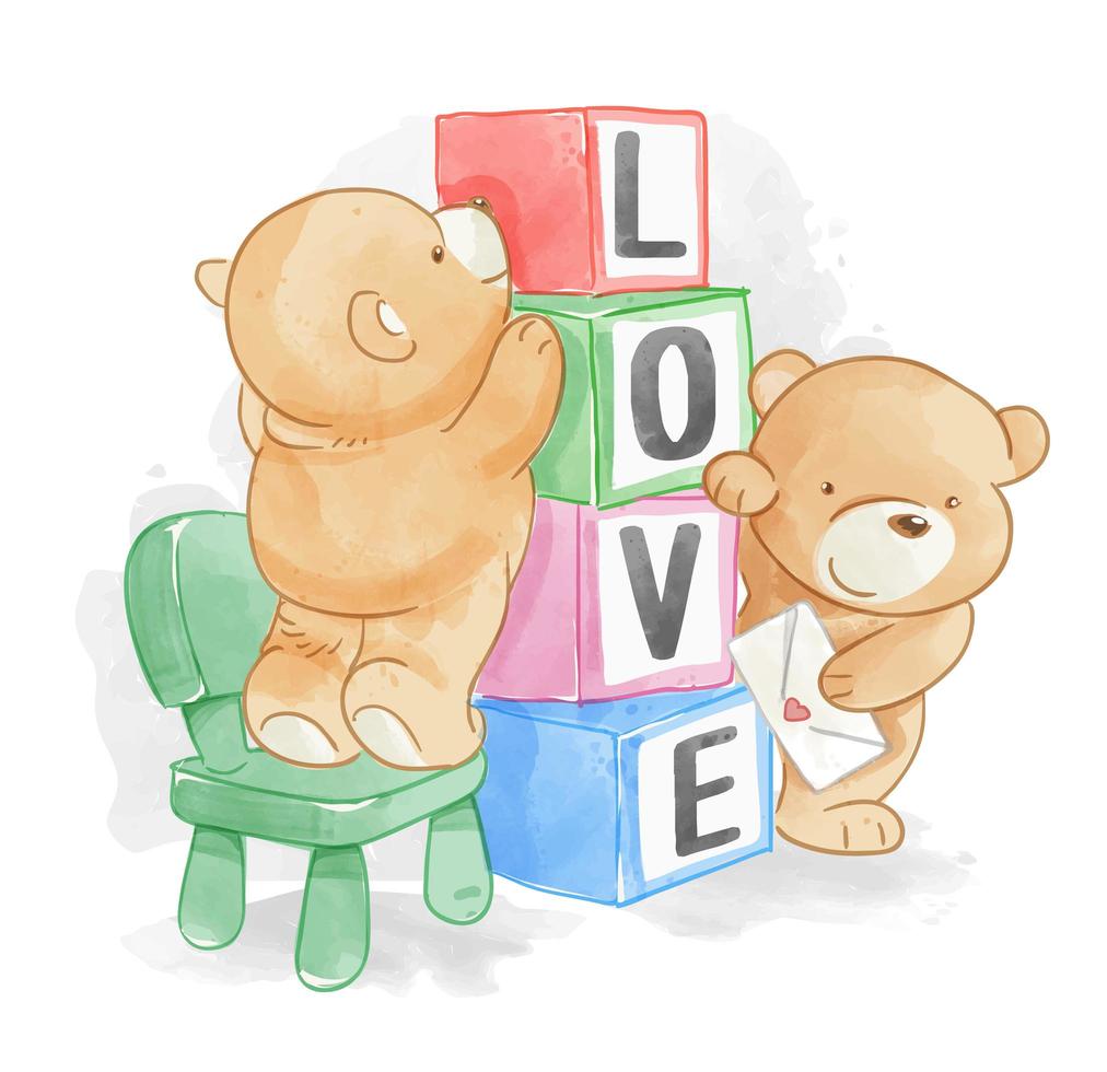 Desenhos animados urso amigos com blocos de amor vetor