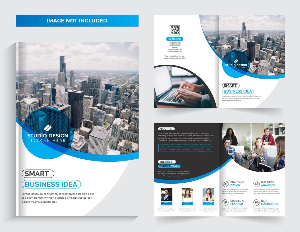 Design de brochura corporativa azul bi-fold vetor