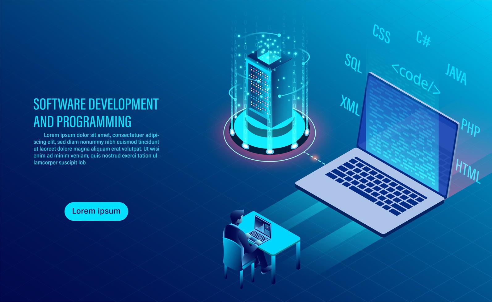 Página de destino de desenvolvimento e codificação de software vetor