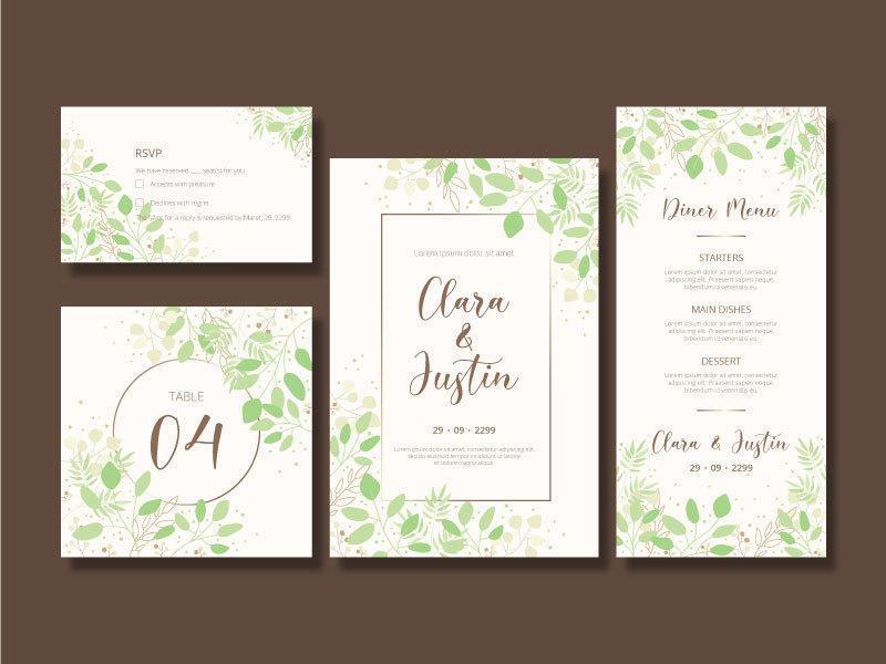 Conjunto de cartão elegante verde folhagem convite de casamento vetor
