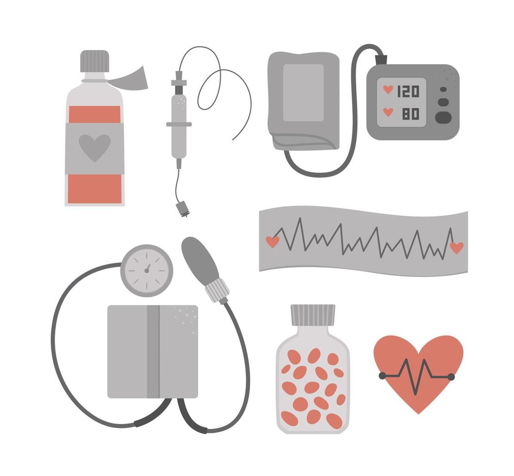 conjunto de ícones médicos planos de vetor. coleção de tratamento cardio. equipamento de cardiologia medicina isolado no fundo branco. clipart de verificação de saúde do coração vetor