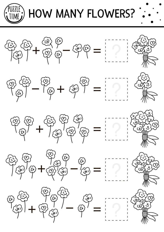 dia das mães jogo de correspondência preto e branco com flores. atividade de linha matemática de férias para crianças pré-escolares com buquê. planilha de contagem educacional imprimível ou página para colorir para crianças vetor