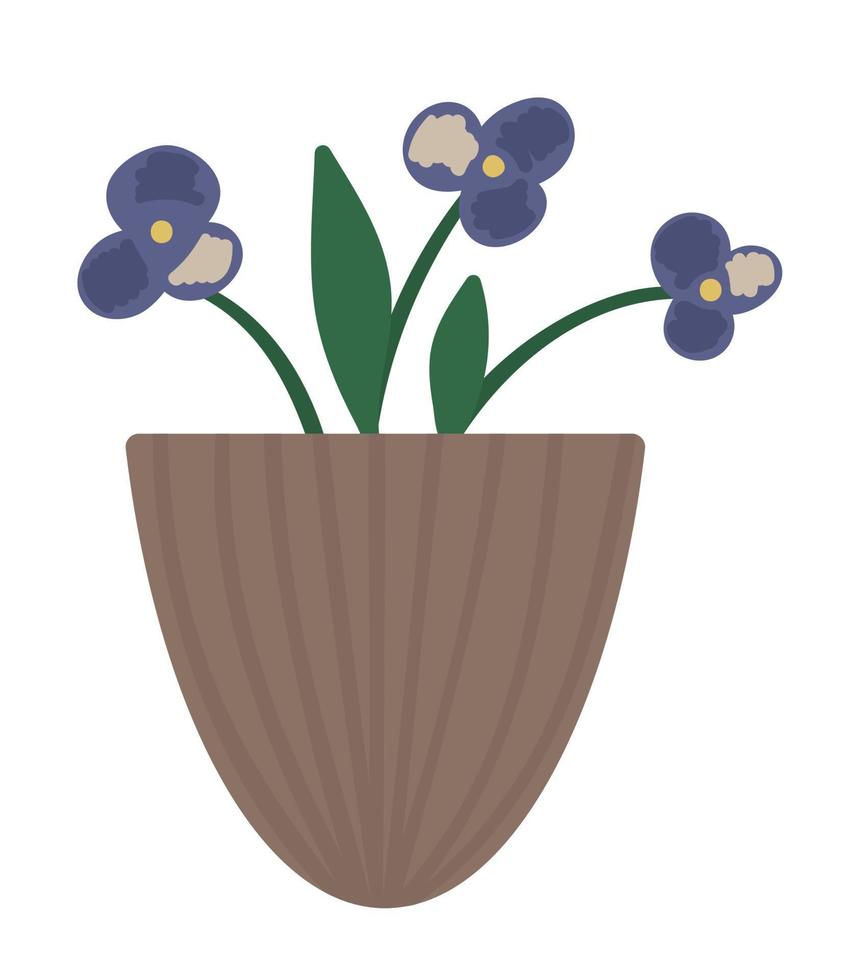 ilustração em vetor de planta em vaso com folhas verdes e flores roxas. planta de casa desenhada à mão na moda plana para design de jardinagem em casa. bela erva de primavera e verão