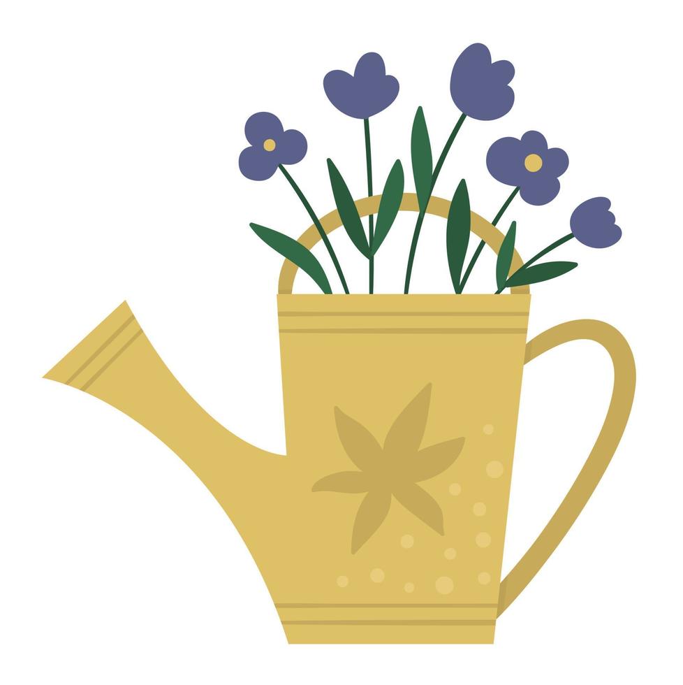 vetor plana na moda regador amarelo com flores roxas. equipamento de jardim isolado no fundo branco. bela ilustração de jardinagem em casa de primavera ou verão