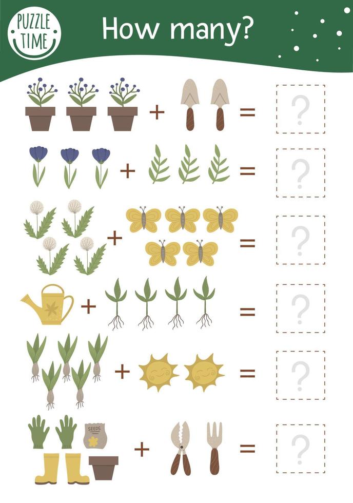 jogo de matemática com símbolos de jardim. atividade matemática de primavera para crianças pré-escolares. planilha de contagem imprimível. enigma de adição educacional com elementos engraçados fofos. vetor