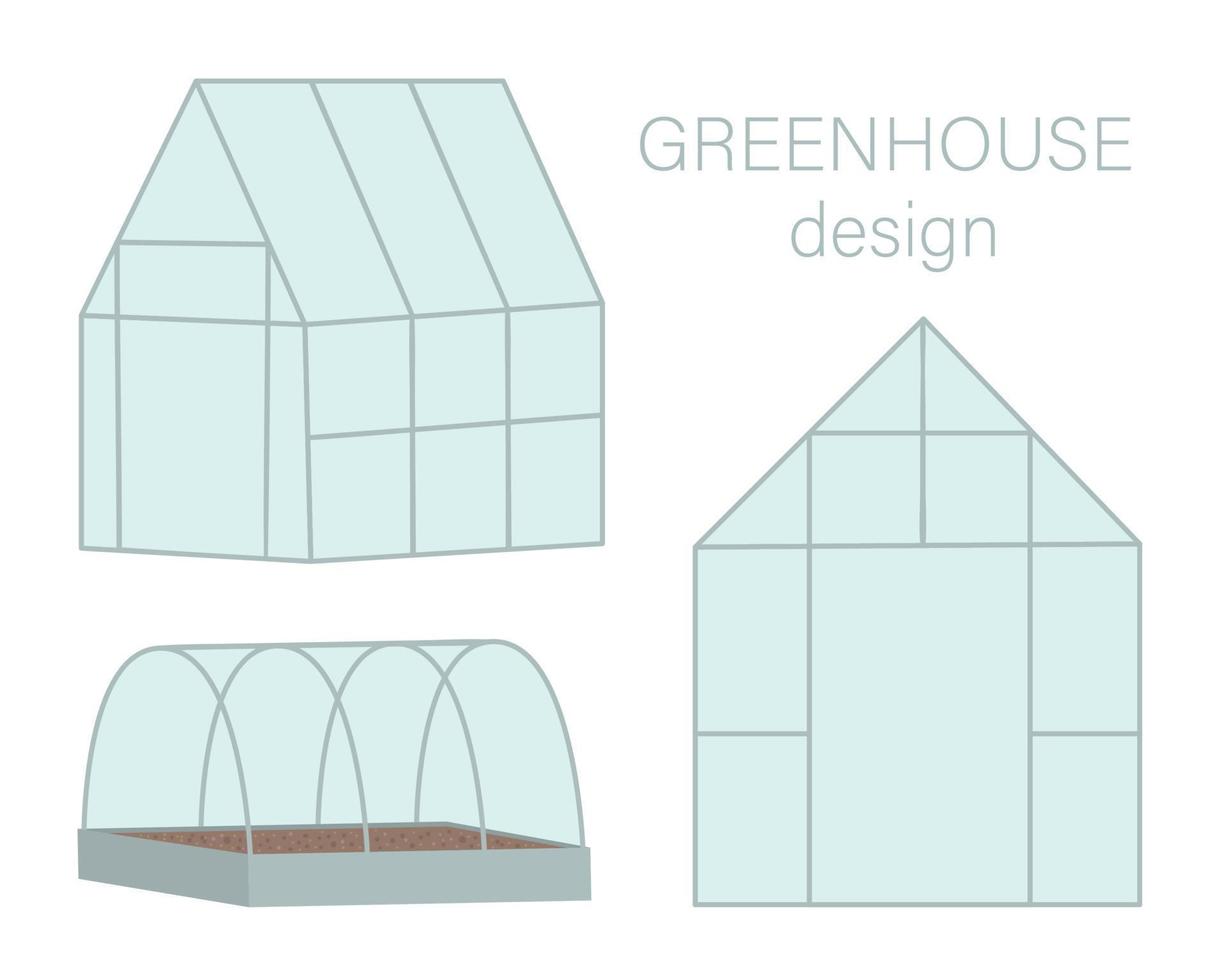 conjunto de vetores de estufas. ilustração de casa quente plana isolada no fundo branco. foto da sala verde com vista frontal e lateral. ilustração de jardim primavera.