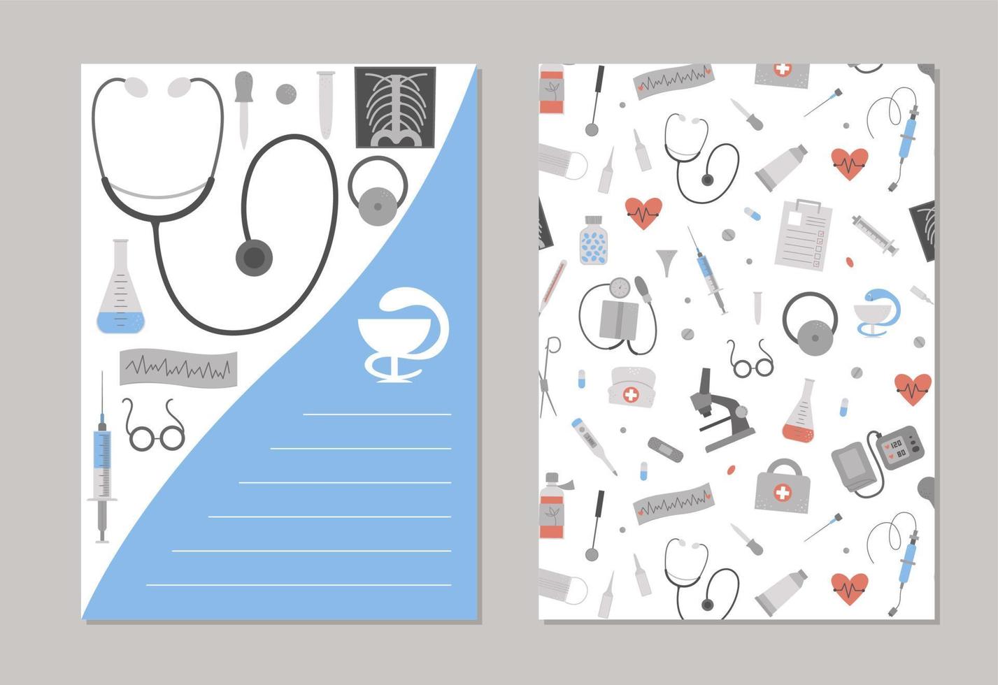 conjunto de modelos de cartão de layout vertical de medicina vetorial. brochura, panfleto, desenhos pré-fabricados de banner com elementos médicos bonitos dos desenhos animados. ilustração plana de cuidados de saúde. vetor