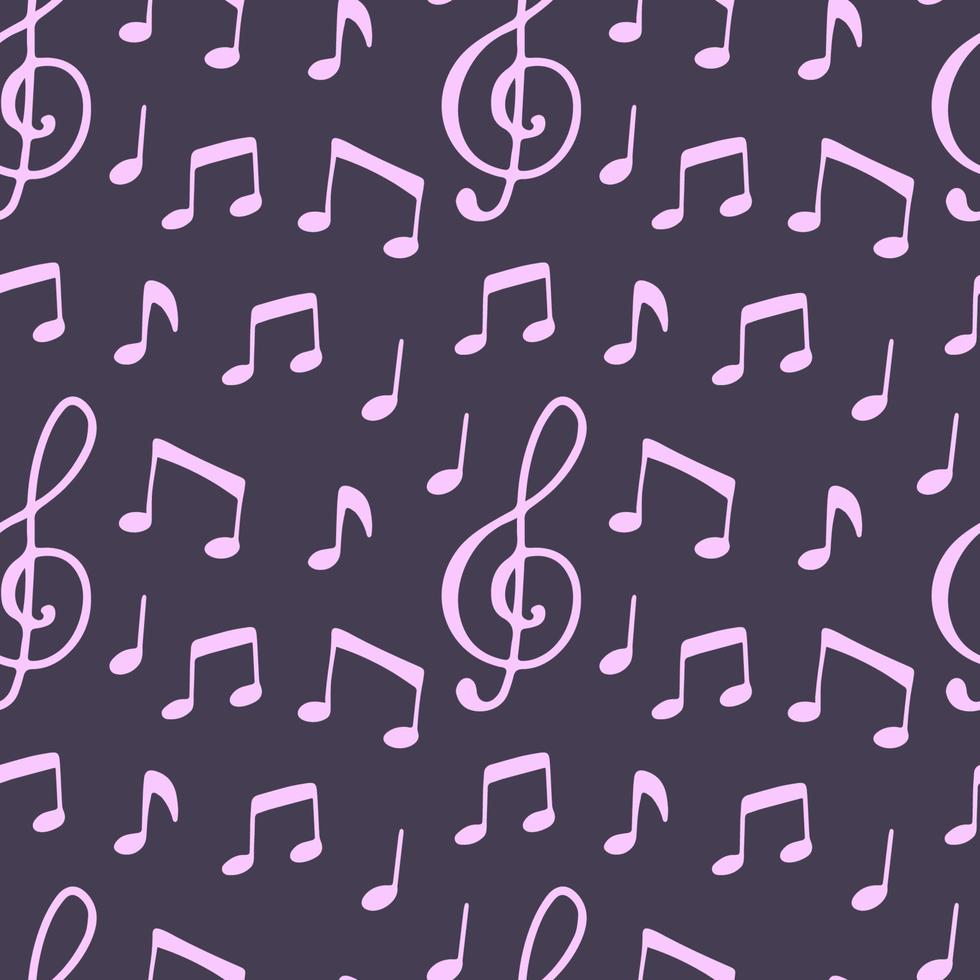 ilustração moderna dos desenhos animados com nota de música em fundo violeta escuro. padrão perfeito para design de decoração, tecido, embalagem. mão desenhada doodle imagem vetorial. vetor