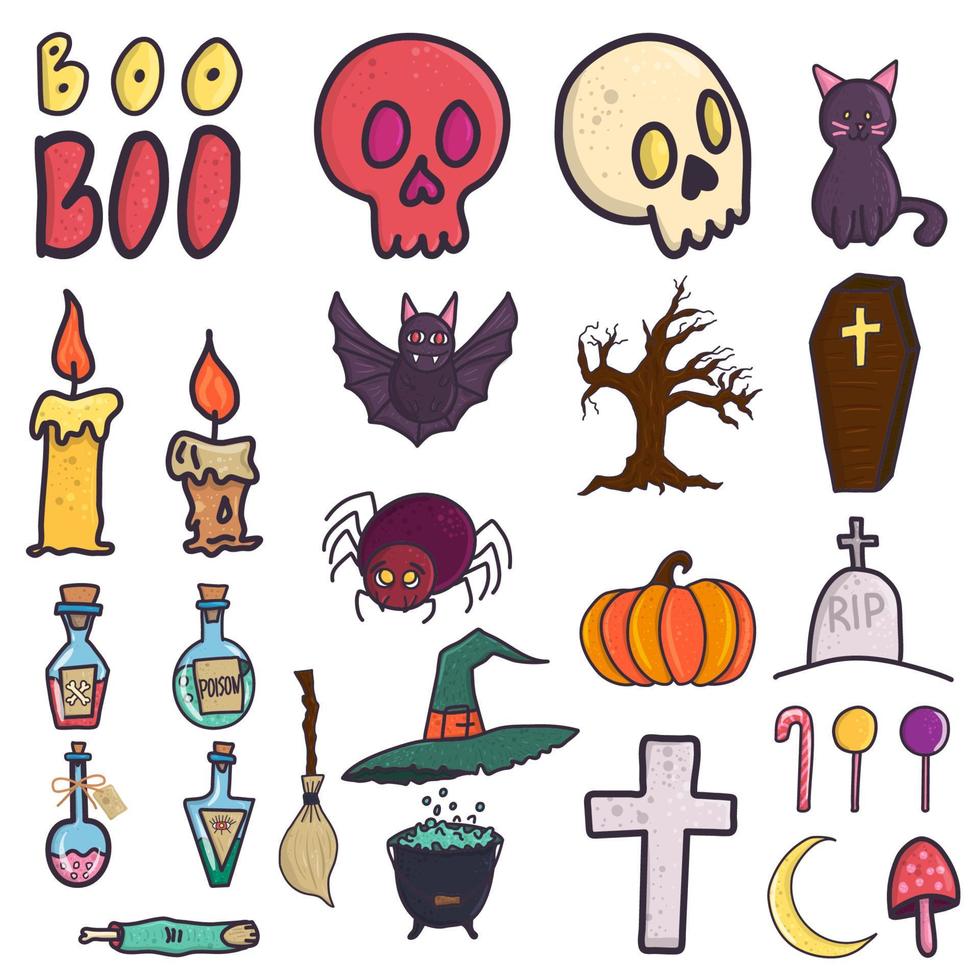 coleção de doodle com grande halloween definido para design de festa. chapéu de bruxa, gato, morcego, garrafas de veneno, vela, abóbora, caveira, doces, lua etc. vetor