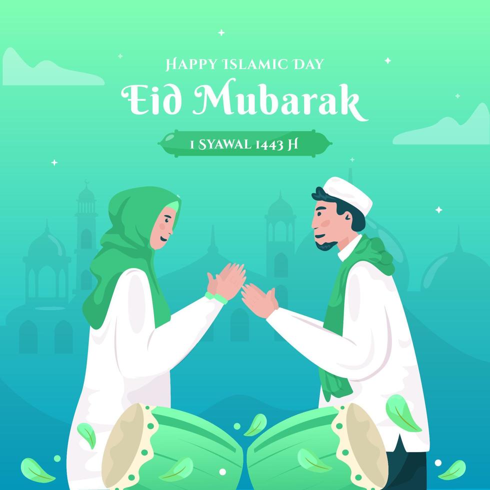 feliz eid mubarak com conceito de ilustração de aperto de mão muçulmano casal vetor