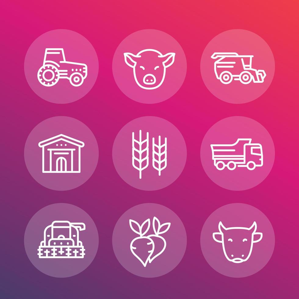 conjunto de ícones de linha de agricultura e agricultura, trator, colheitadeira, máquinas agrícolas, colheita, criação de gado, celeiro, ilustração vetorial vetor